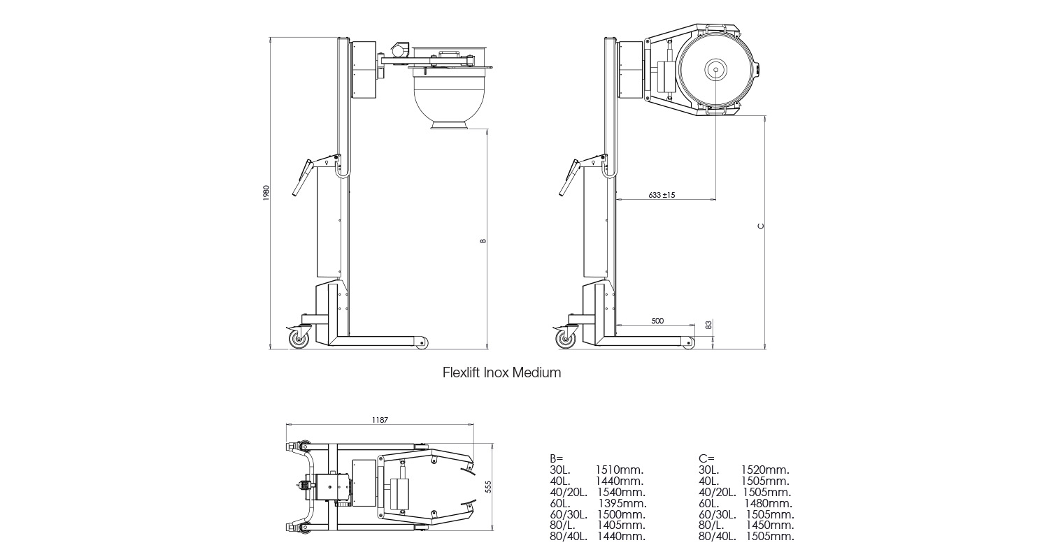 Varimixer - Lift - Flexlift Inox 30-80 - 2,3 Meter - Product Dimensions Illustration