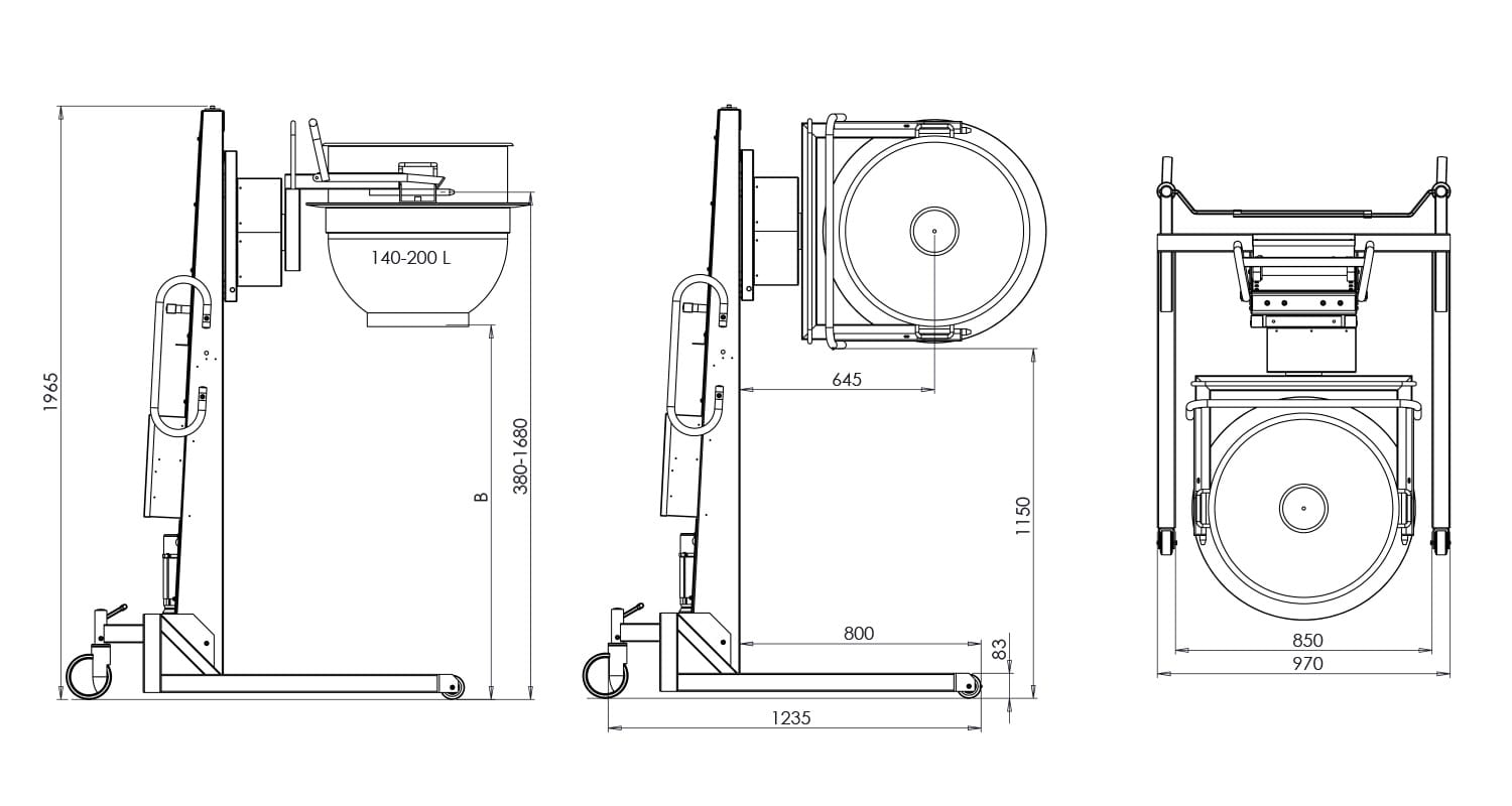 Varimixer - Megalift 200 Liter - 1,95 Meter - Product Dimensions Illustration