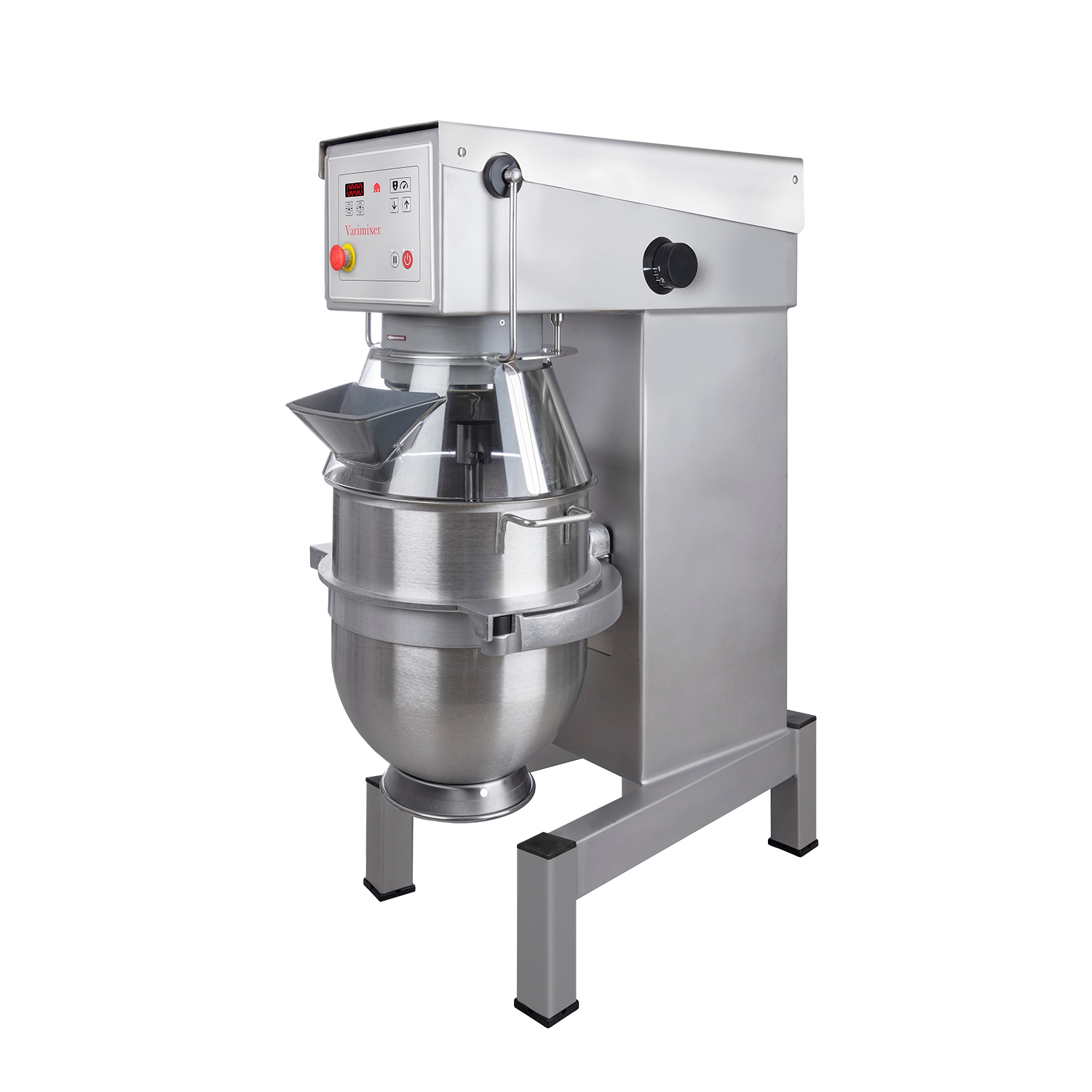 Varimixer_Mixer_AR30_VL-1S_stainless-steel_magnetic-safety-guard_plastic_M030-0057 - Varimixer Industrial stand mixer with stainless steel bowl, feed hopper, and left-side control panel on a heavy-duty frame
