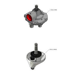 Exploded technical diagram of a gear housing showing a shaft, red seal, and inner gears with labeled parts CR10-2.3MZB and CR10-2.30MZB