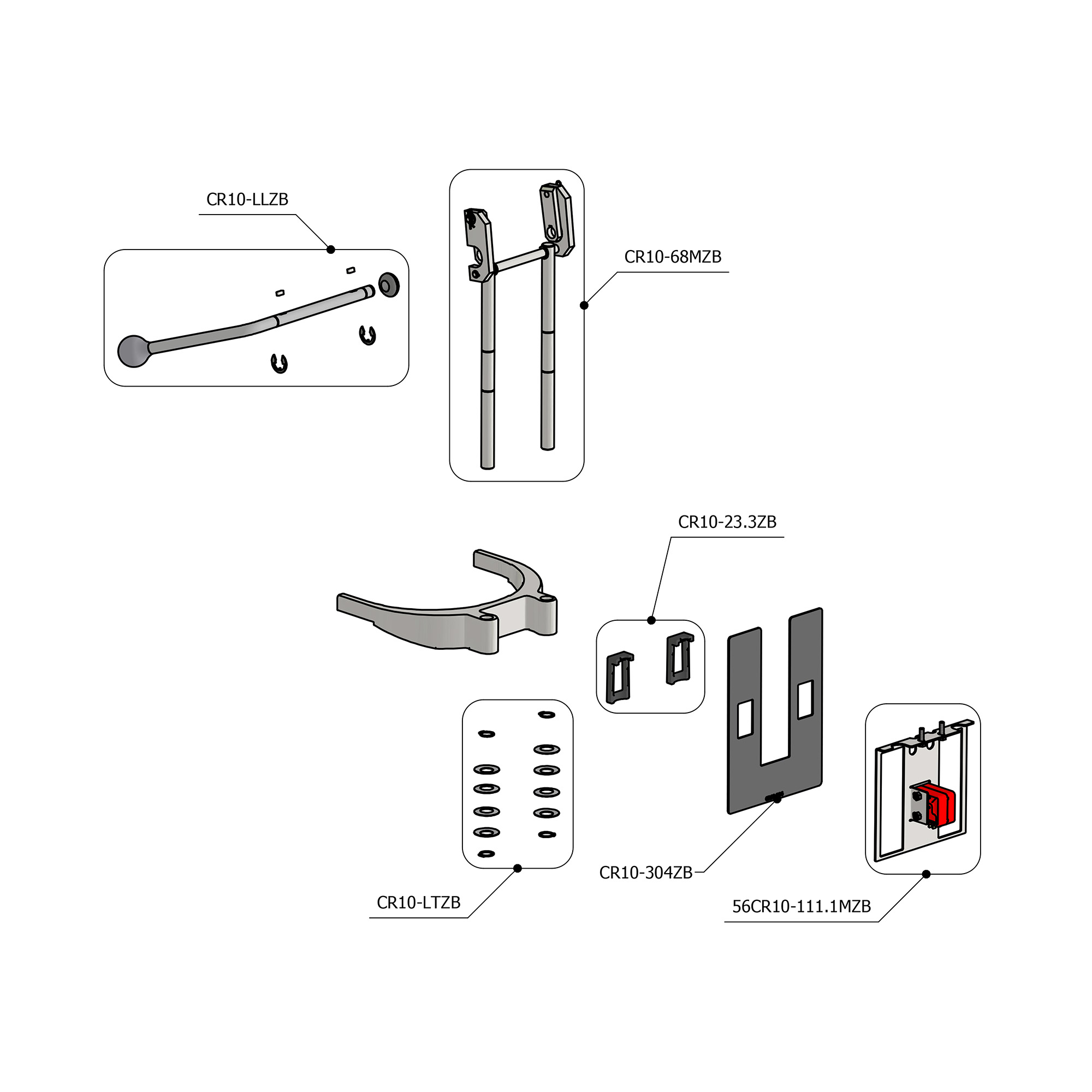 Exploded assembly diagram of a hardware kit with labeled parts (CR10-LTZB, CR10-68MZB, CR10-23.3ZB, CR10-3047B, 56CR10-111.1MZB) and fasteners.