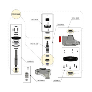 Exploded diagram of a mechanical assembly with gears, seals, screws, and a large funnel-like part; parts labeled with CR10 codes.