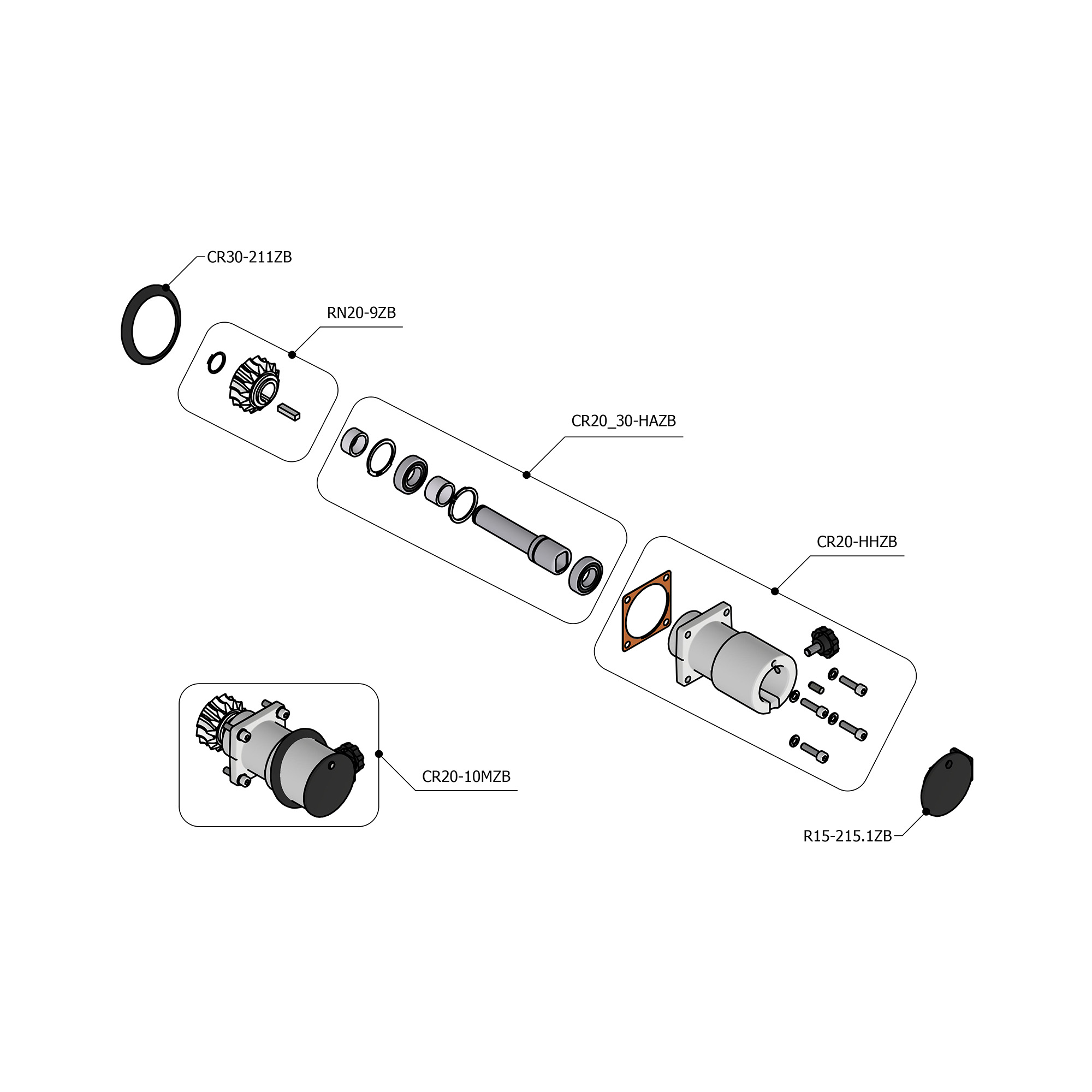 Exploded view of a mechanical assembly showing rings, gears, and a shaft with labeled parts CR30-211ZB, RN20-9ZB, and CR20-30-HAZB.
