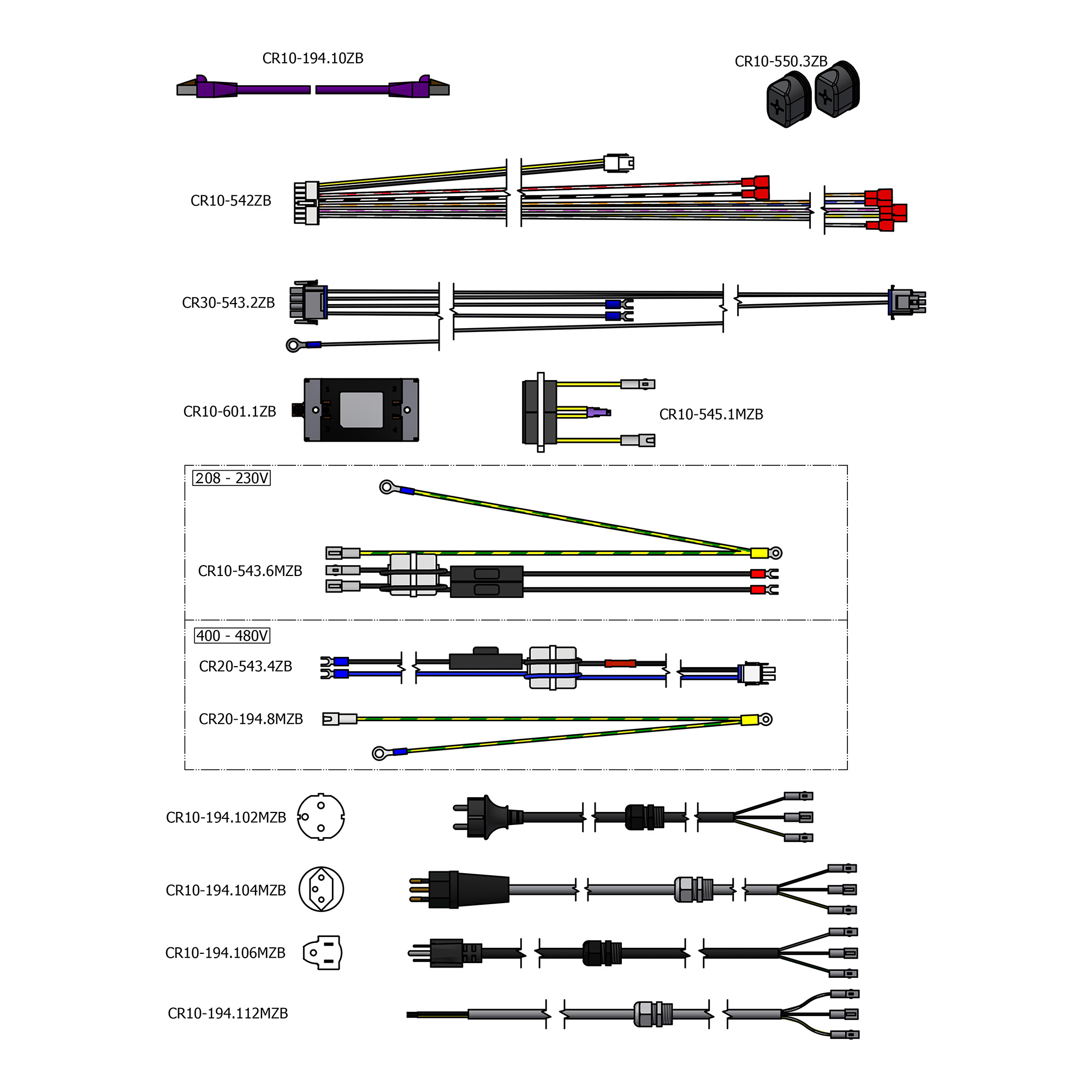 Technical diagram of multi‑cable assemblies with connectors and labeled part codes and voltage sections (208–230V, 400–480V).