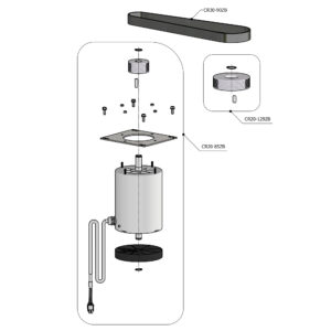 Exploded diagram of a cylindrical appliance showing internal components (gasket, screws, gasket plate) and labeled part codes CR20-85ZB, CR20-129ZB, CR30-90ZB for assembly reference.