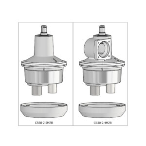 Split-panel illustration comparing two spray nozzle models: left CR30-2.5MZB, right CR30-2.4MZB, showing the top stem and mounting flange.