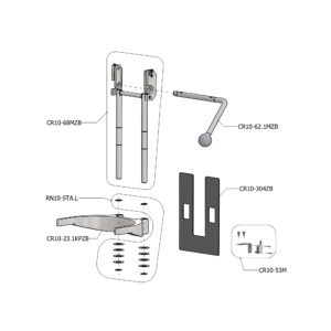 Exploded assembly diagram showing frame pieces, screws, and brackets labeled with part codes like CR10-68MZB and CR10-62.1MZB, indicating how components fit together.