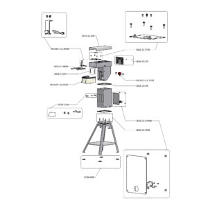 Exploded parts diagram of a device showing screws, panels, and a stand with labeled part numbers around a central frame.