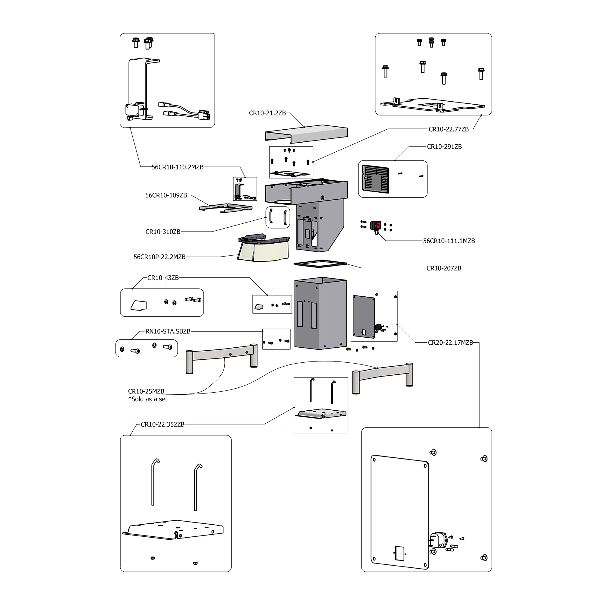 Exploded assembly diagram of a device showing panels, internal chassis, and labeled hardware (screws, brackets).