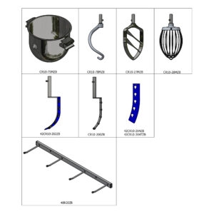 Catalog grid of appliance parts. Top row left to right: a large round pot with lid (CR10-75MZB), a curved gray hose (CR10-78MZB), a cam-framed support (CR10-27MZB), and a cage-like whisk attachment (CR10-28MZB). Bottom row shows blue perforated straps and metal brackets with part numbers such as 42CR10-202ZB, CR10-200ZB, 42CR10-204ZB, and 48R20ZB.