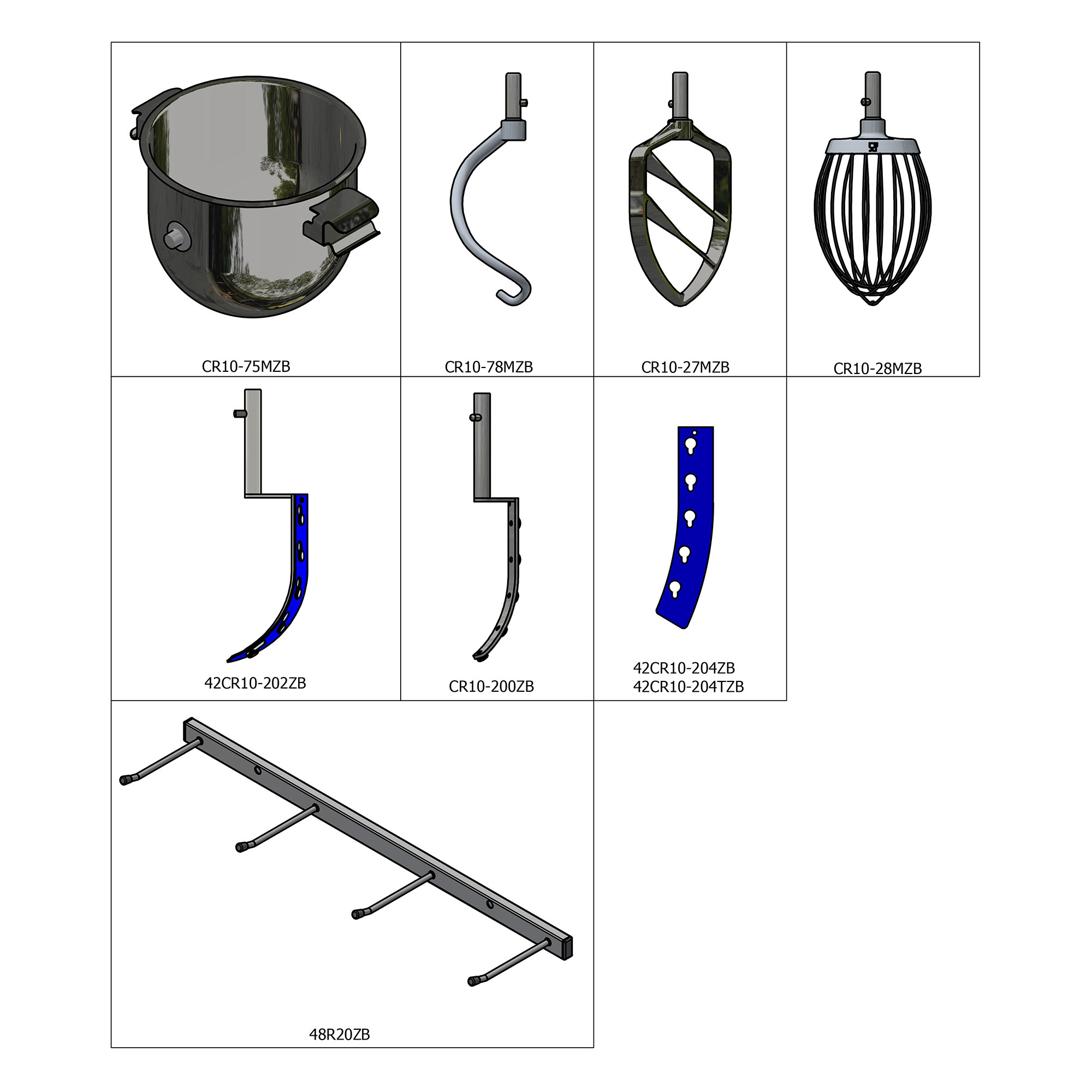 Catalog grid of appliance parts. Top row left to right: a large round pot with lid (CR10-75MZB), a curved gray hose (CR10-78MZB), a cam-framed support (CR10-27MZB), and a cage-like whisk attachment (CR10-28MZB). Bottom row shows blue perforated straps and metal brackets with part numbers such as 42CR10-202ZB, CR10-200ZB, 42CR10-204ZB, and 48R20ZB.