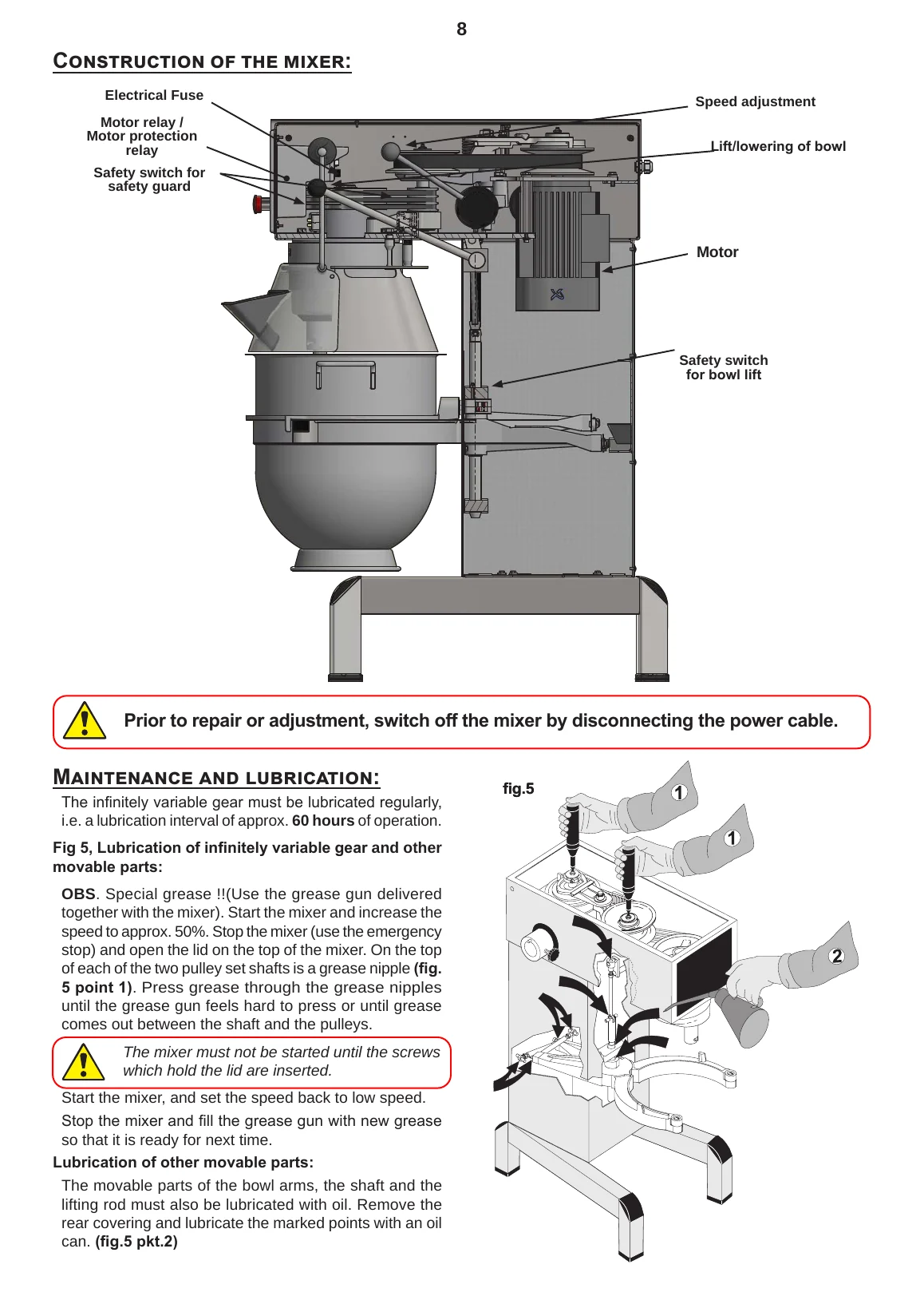 Construction of the mixer and maintenance lubrication points