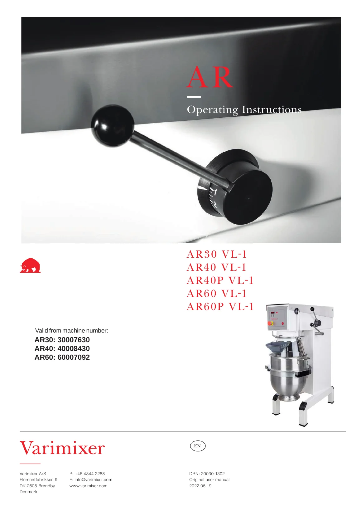 Cover of the Varimixer AR30, AR40 and AR60 VL-1 operating instructions