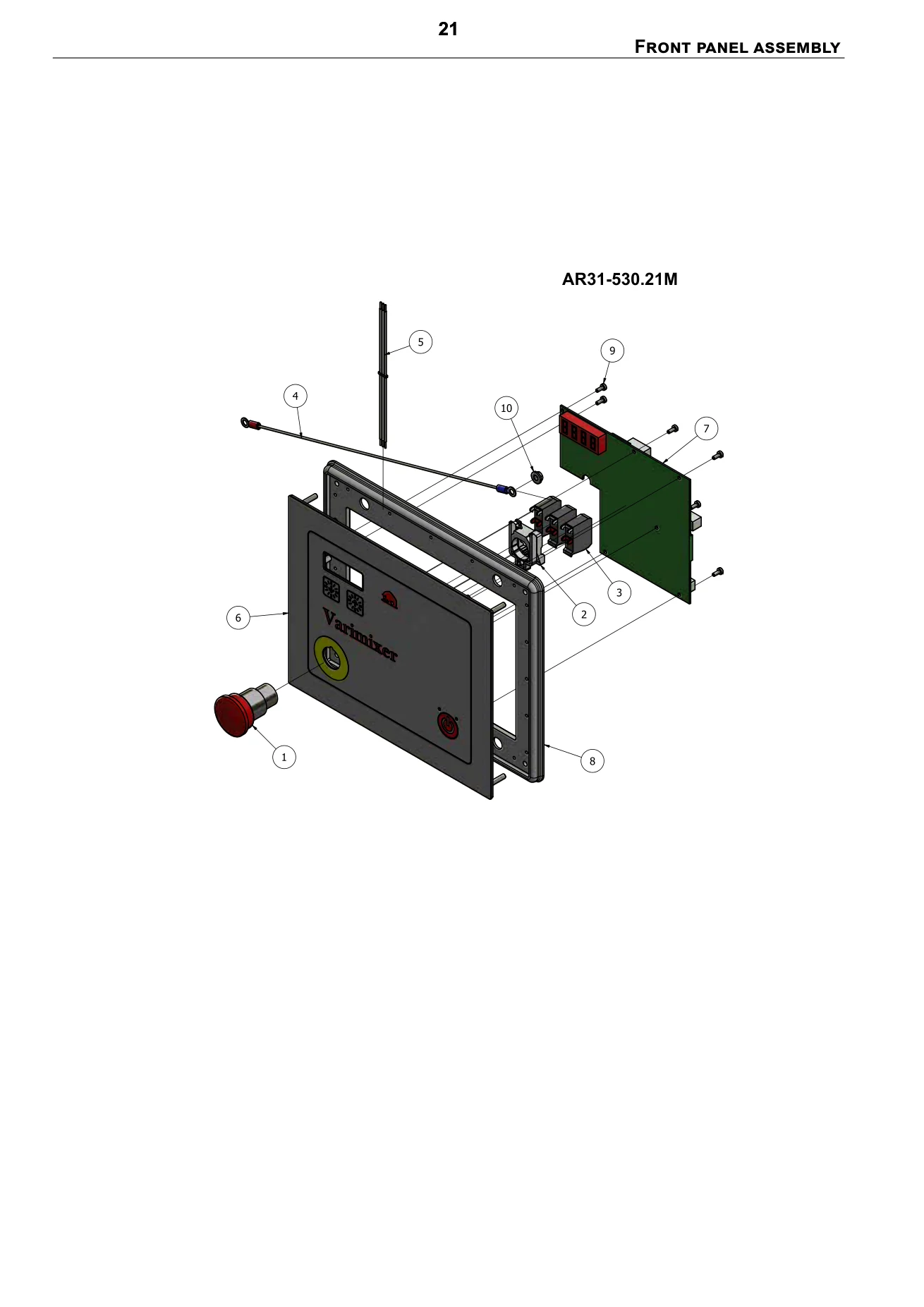 Exploded spare-parts diagram for front panel assembly on the Varimixer AR40 VL-1