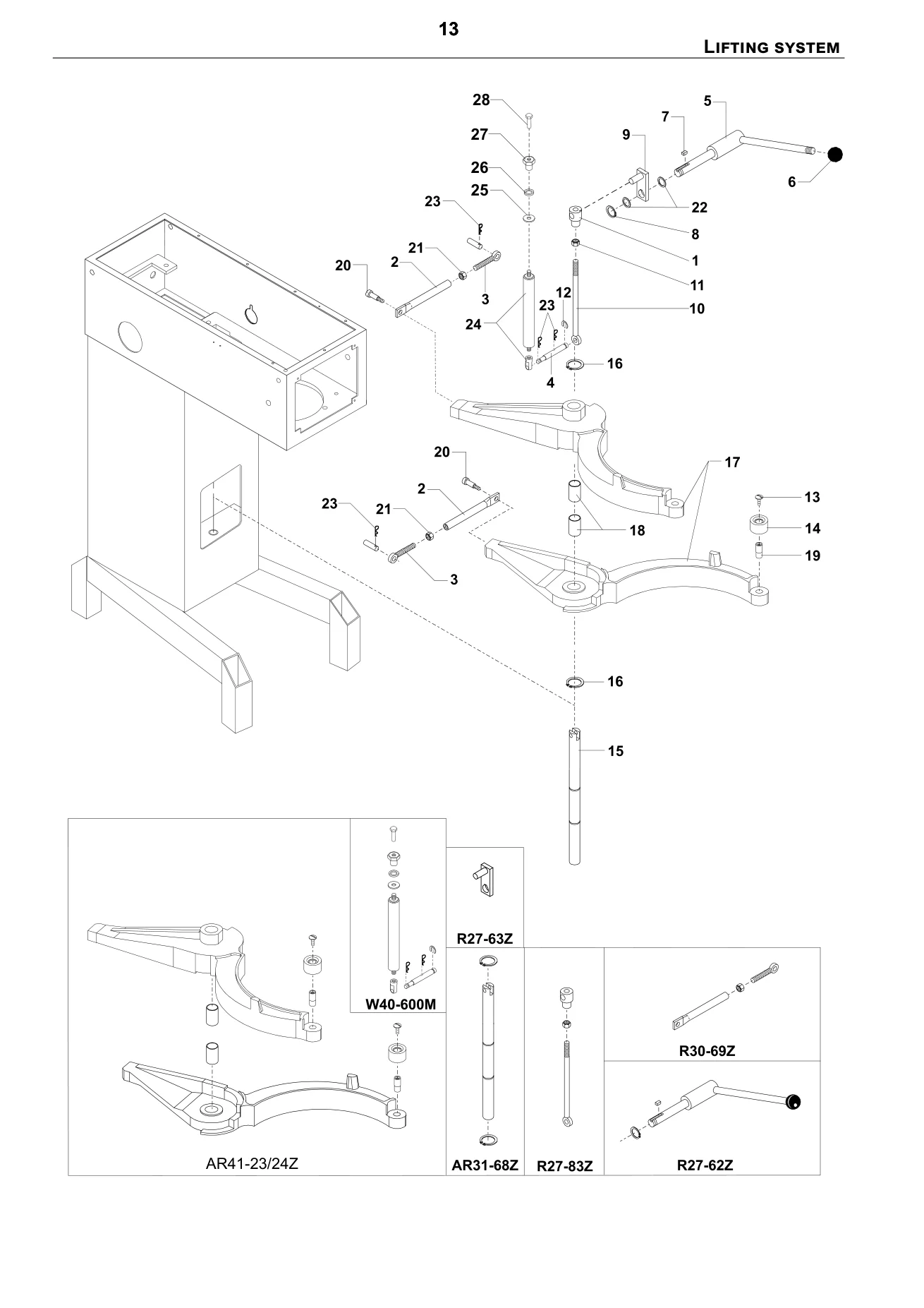 Exploded spare-parts diagram for lifting system on the Varimixer AR40 VL-1