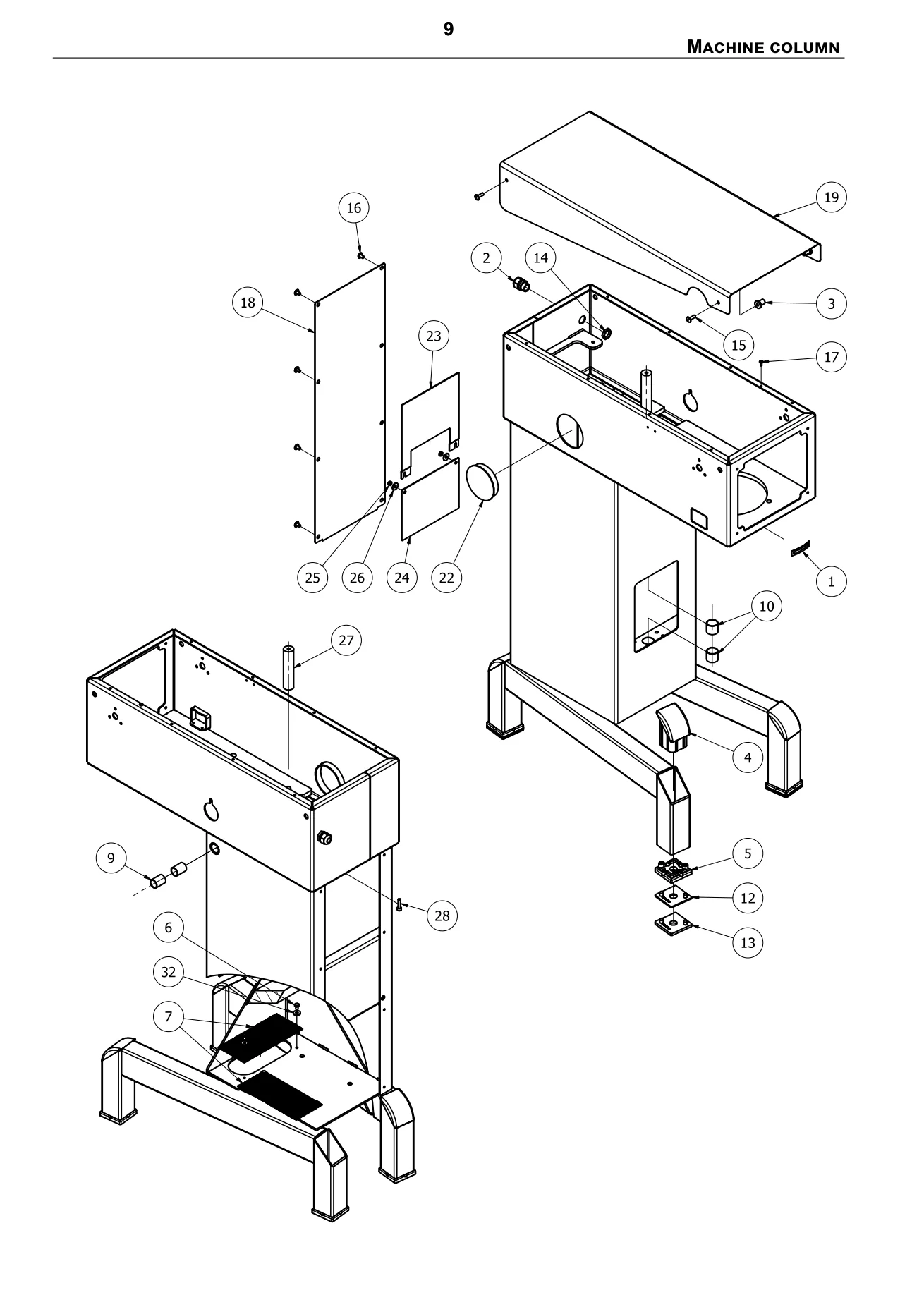 Exploded spare-parts diagram for machine column on the Varimixer AR40 VL-1