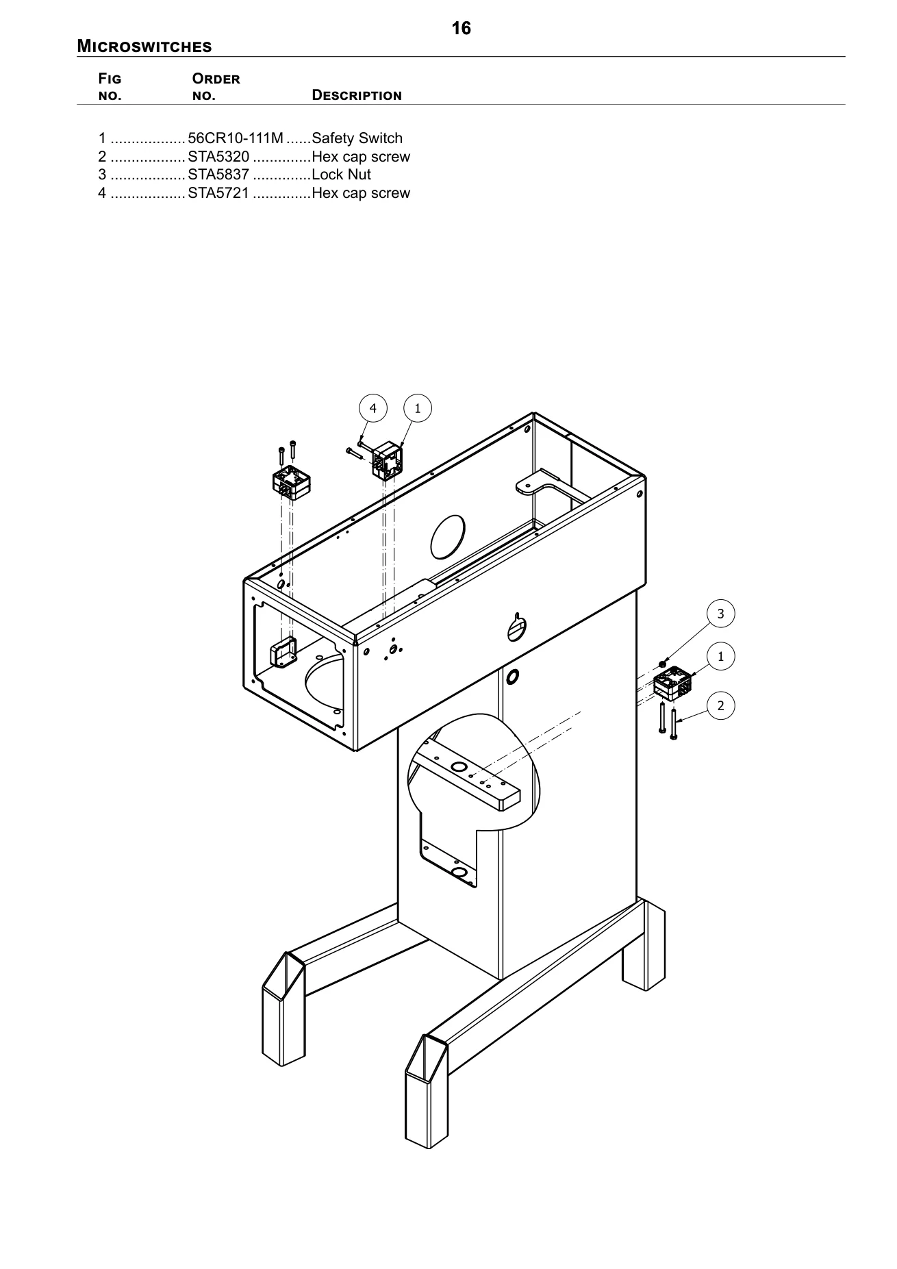Exploded spare-parts diagram for microswitches on the Varimixer AR40 VL-1