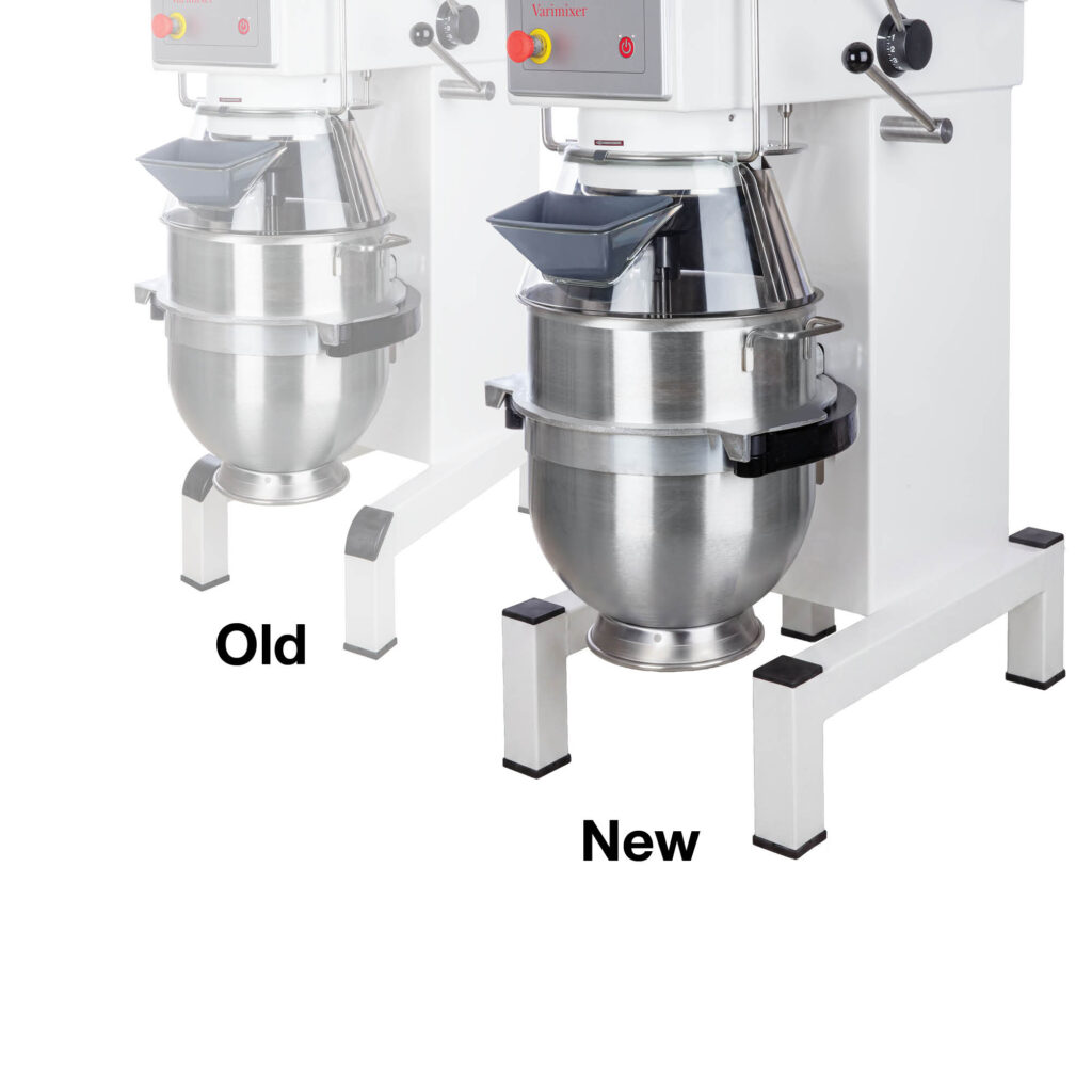 Two commercial stand mixers shown side by side, labeled Old on the left and New on the right, for dough mixing.