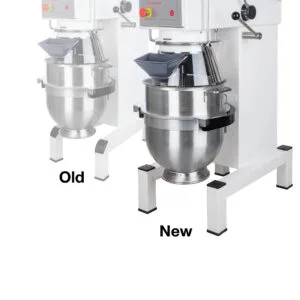 Two commercial stand mixers shown side by side, labeled Old on the left and New on the right, for dough mixing.